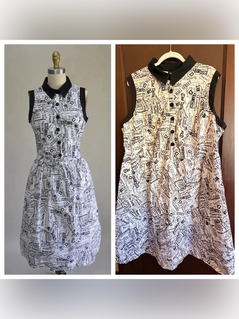 3X Retrolicious Sleeveless Newspaper Print Shirt Dress Black Collar ModCloth